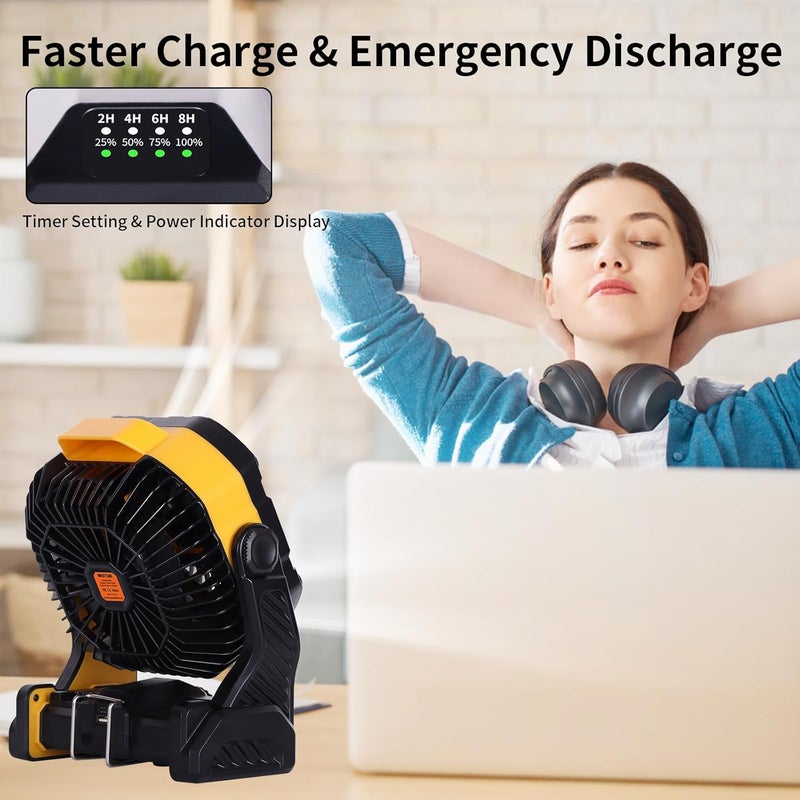 WESTTREE 20000mAh Camping Fan with LED Lantern USB Tpye C Rechargeable Battery Operated Outdoor Tent Fan with Light & Hook, 270° Pivot 4 Speeds, Personal USB Desk Fan for Camping Yellow X26A - Image 5